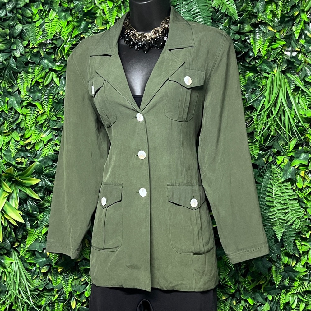 Silk House Blazer Jacket Small‎ Green 100% Silk Utility Button Front 3548